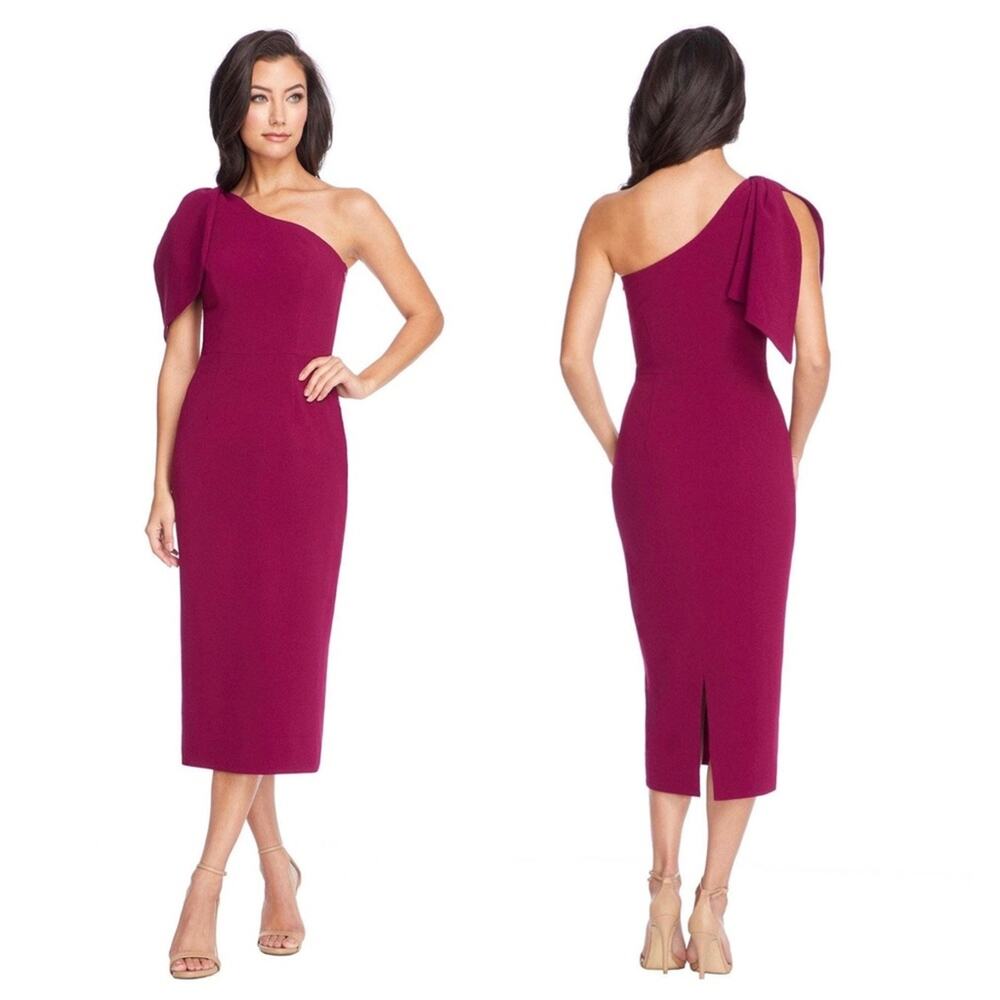 Dress The Population Tiffany Magenta One Shoulder Bow Crepe Midi Dress Small
